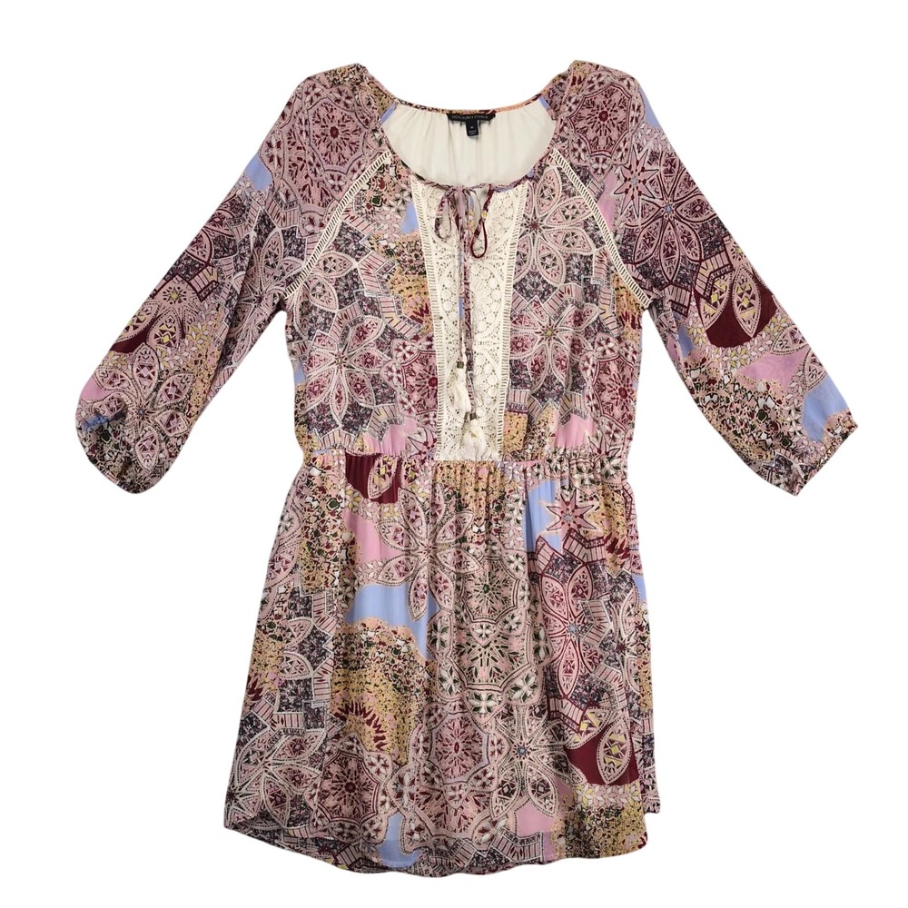Signature Studio Crochet Tassel Pink Floral Boho Dress Sz M Sheer Puff Sleeve